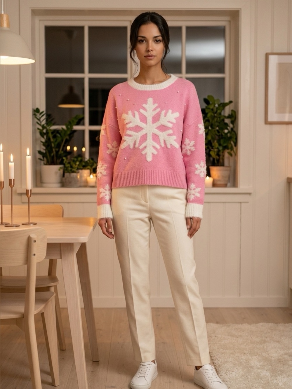 NWT 33 Degrees Pink White Snowflake Faux Pearl Embellished Sweater Women’s Large